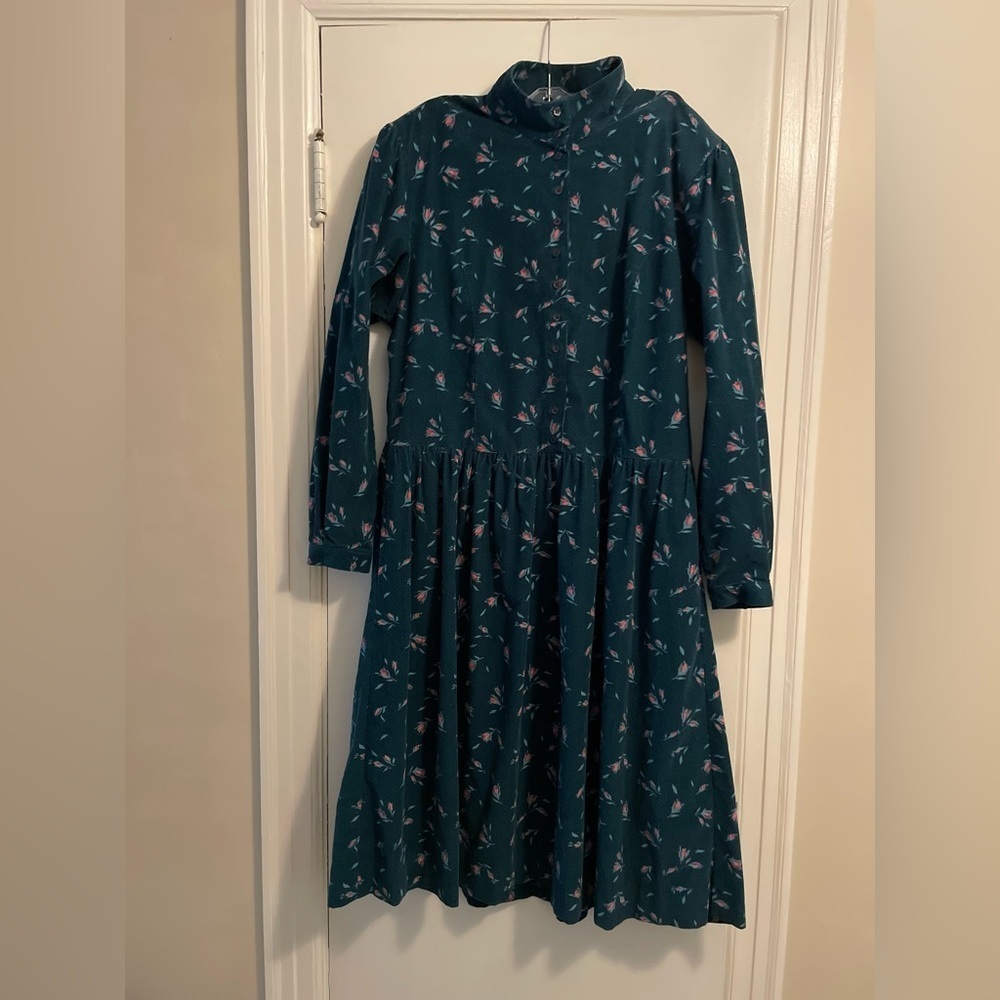 Vintage 90’s Cottagecore Dark Green Pink Ditsy Floral Corduroy Midi Dress Large